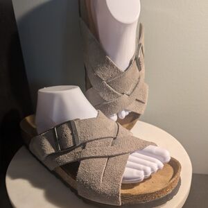 Women's Taupe Suede Crossover Buckle Slide Sandals